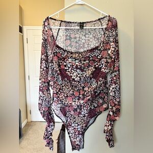 SHEIN Sheer Floral Long-Sleeve Bodysuit - Pink & Black